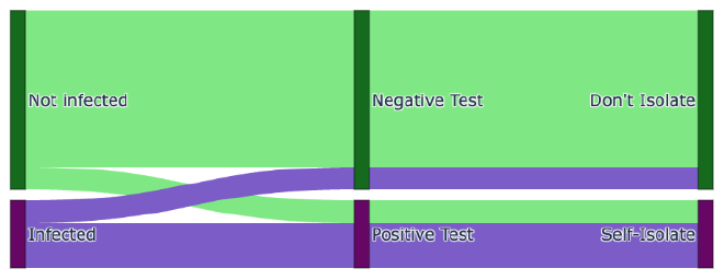 This type of diagram is called a Sankey diagram. Here we exaggerate the percentage of false positives and negatives for visual purposes. As can be seen, those who are infected but obtain a negative test and then do not self-isolate join the uninfected in non-isolation allowing the virus to spread and underlining the importance of accurate tests.